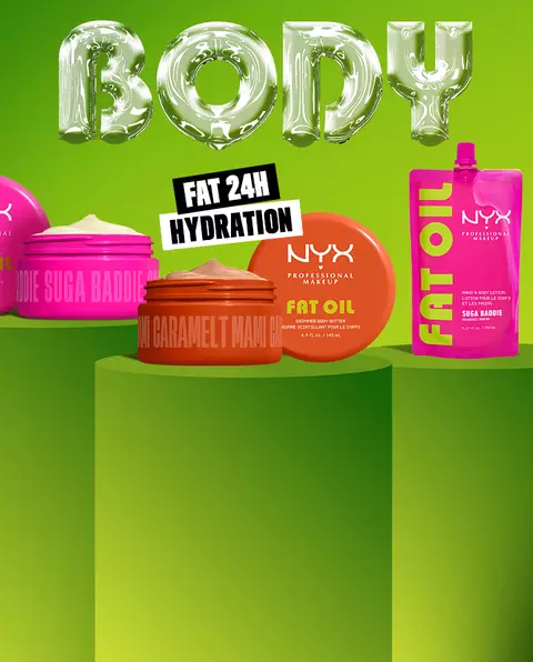 NYX Professional Makeup Suga Baddie and Caramelt Mami Body Butter jars and a Suga Baddie hand and body lotion pouch displayed on green podiums against a bright green background with transparent inflated BODY lettering.