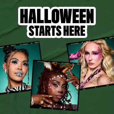 NYX Professional Makeup Halloween banner featuring fourmakeup looks, including zesty zebra, doe-eyed diva, freaky feline, and flirty fox designs, with Halloween Starts Here text