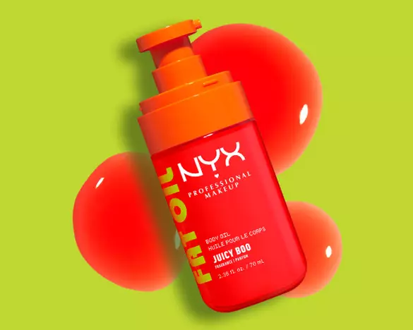 Product shot of Fat Oil Body Oil in Juicy Boo with swatch against lime green background as step 1 of body care routine.