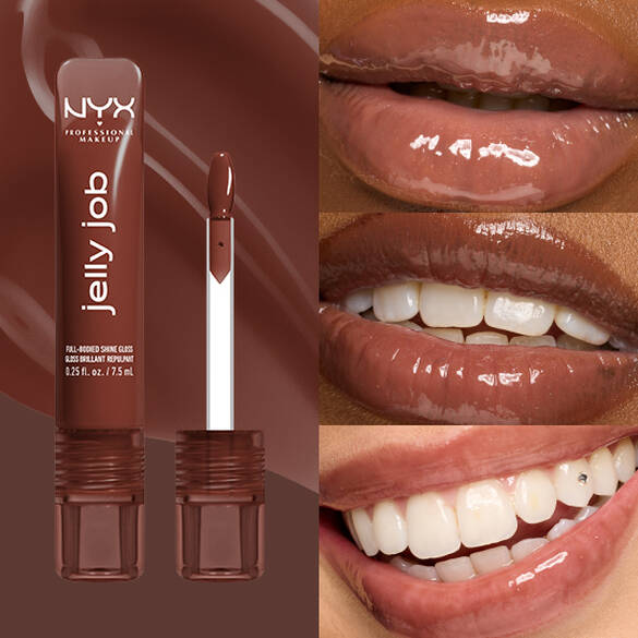 Packshot & 3 models with varying skin tones wearing Jelly Job Jelly Lip Gloss in shade 'Jellybean', a chocolate brown color