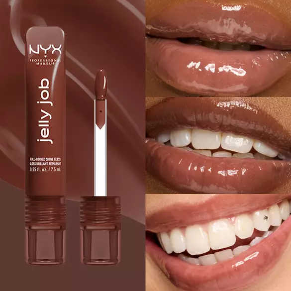 Packshot & 3 models with varying skin tones wearing Jelly Job Jelly Lip Gloss in shade 'Jellybean', a chocolate brown color
