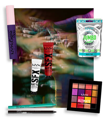 collage of SFX matte body paint, jumbo lashes, epic wear liner sticks, and ultimate shadow palette