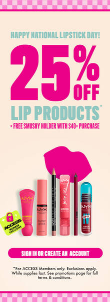 national lipstick day. 25% off lip products. Pink background with six products. Sign in or Create an account