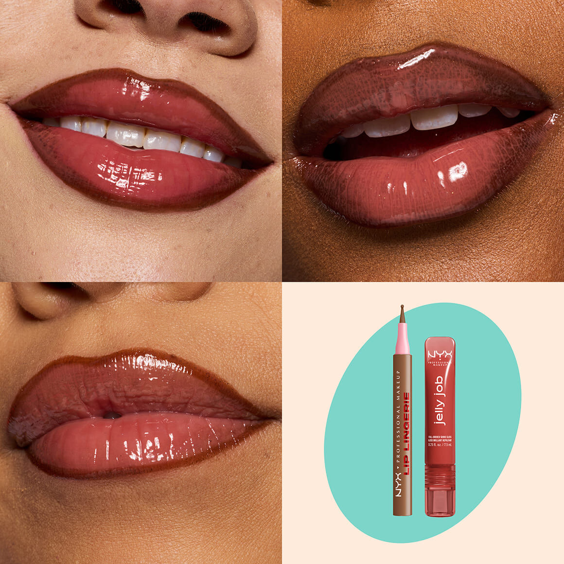 NYX Professional Makeup Lip Lingerie Lip Liner Stain in 04 Steamy Spicy and Jelly Job Full Bodied Shine Gloss in 06 Jelly Filled shown on three glossy lip swatches with product packshot