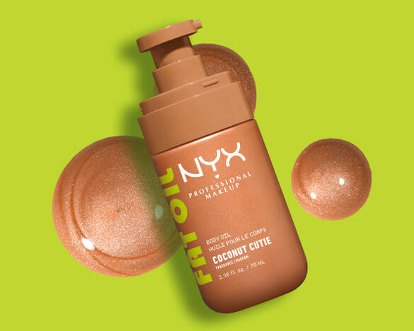 Product shot of Coconut Cutie Body Oil against lime green background as step 2 of body care routine.