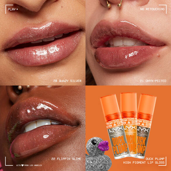 all three glitter holographic lip gloss shades of Duck Plump Lip Plumping Gloss on lips