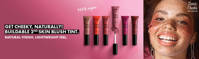   Woman applying Sweet Cheeks Soft Cheek Tint Cream Blush Makeup next to product line up
