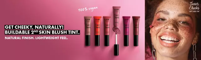 Woman applying Sweet Cheeks Soft Cheek Tint Cream Blush Makeup next to product line up