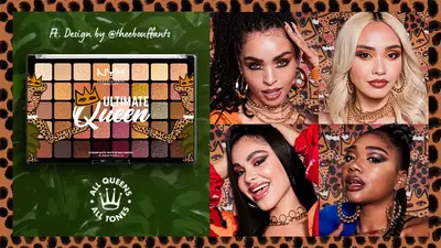 Ultimate Queen Collection palette next to four models wearing looks made with the palette