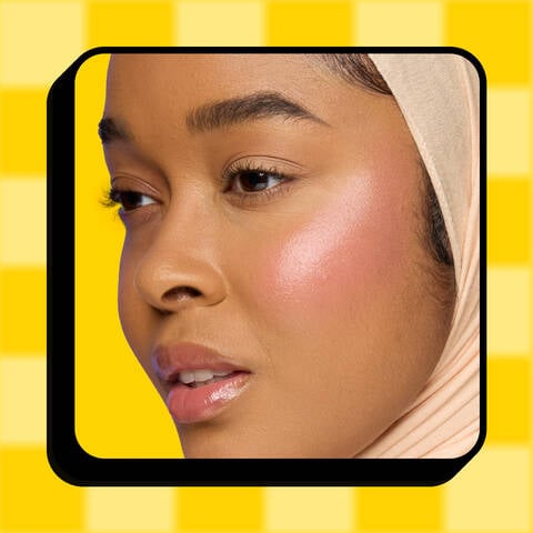 NYX Professional Makeup Saucy Sisters' Fat Cheeks Blush in shade 01 Snarky Scarlet, product displayed on a yellow checkered background.