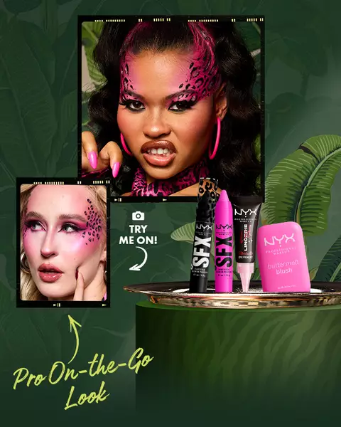 NYX Professional Makeup Freaky Feline campaign image featuring vivid pink leopard-print face paint and pink eye makeup, beside Lid Lingerie Gothic Garter, SFX Paint Stick Night Crawler, SFX Paint Stick Pink Potions and Buttermelt Blush My Butta Half.