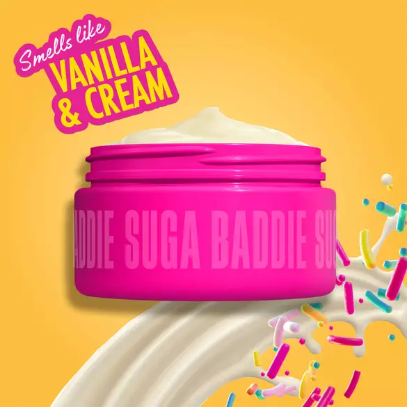 NYX Professional Makeup Suga Baddie body cream in a bright pink jar, with vanilla cream swirl and colorful sprinkles, labeled as smelling like vanilla and cream, on a yellow background.