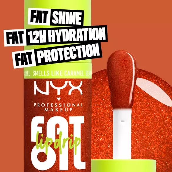 Close-up of Fat Oil Lip Drip tube and applicator in bronze shimmer shade with swatch and text overlay: Fat Shine, Fat 12H Hydration, Fat Protection.