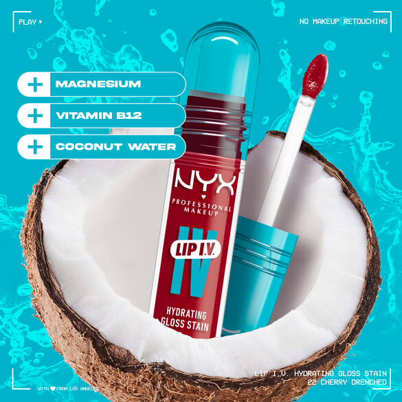 Lip I.V. Hydrating Lip Gloss Stain sitting in a coconut against blue splash background with text Magnesium, Vitamin B12, Coconut Water