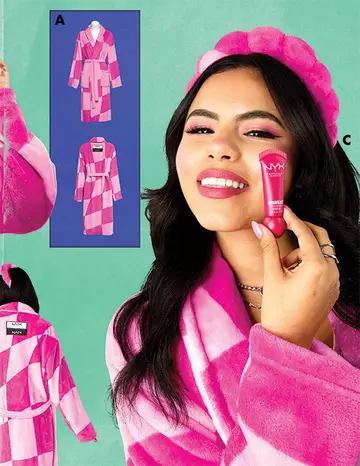 Pink checkered bathrobe displayed on a teal background with close-up details of the robe's texture and design.