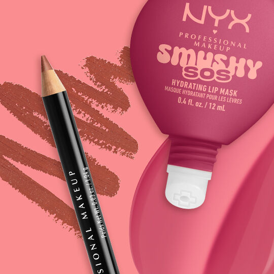 NYX Professional Makeup Slim Lip Pencil in Ever paired with Smushy SOS tinted lip treatment in Rose Recharge, with swatches