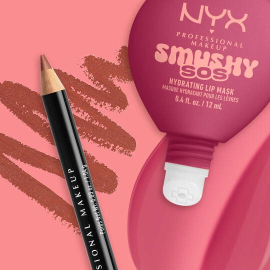 NYX Professional Makeup Slim Lip Pencil in Ever paired with Smushy SOS tinted lip treatment in Rose Recharge, with swatches