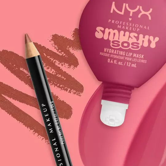 NYX Professional Makeup Slim Lip Pencil in Ever paired with Smushy SOS tinted lip mask in Rose Recharge, with swatches