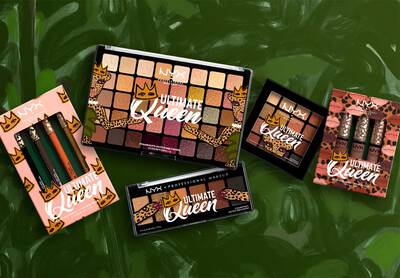 NYX Cosmetics' Ultimate Queen Makeup Collection against green background
