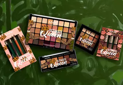NYX Cosmetics' Ultimate Queen Makeup Collection against green background
