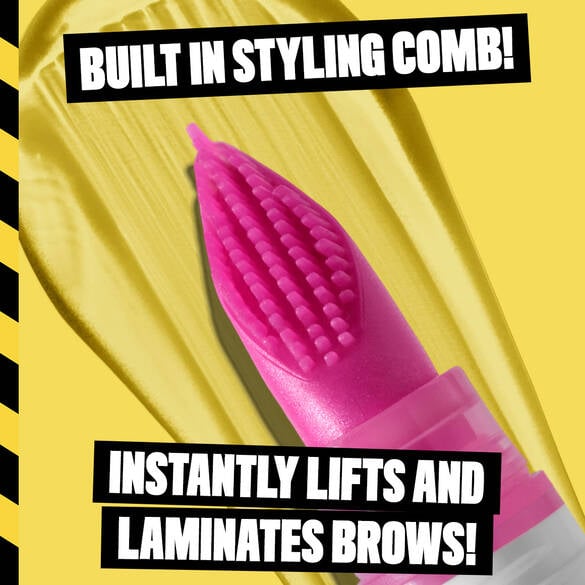 Closeup of The Brow Glue Crazy Lift built in styling comb with text 'Instantly Lifts and Laminates Brows!'