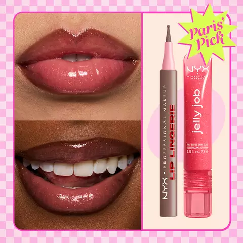 Close-up of glossy lips in two skin tones beside NYX Professional Makeup Lip Lingerie Lip Liner Stain in 05 Lip Lock and Jelly Job Full Bodied Shine Gloss in 08 Jelly Kiss’d, with Paris Pick badge.