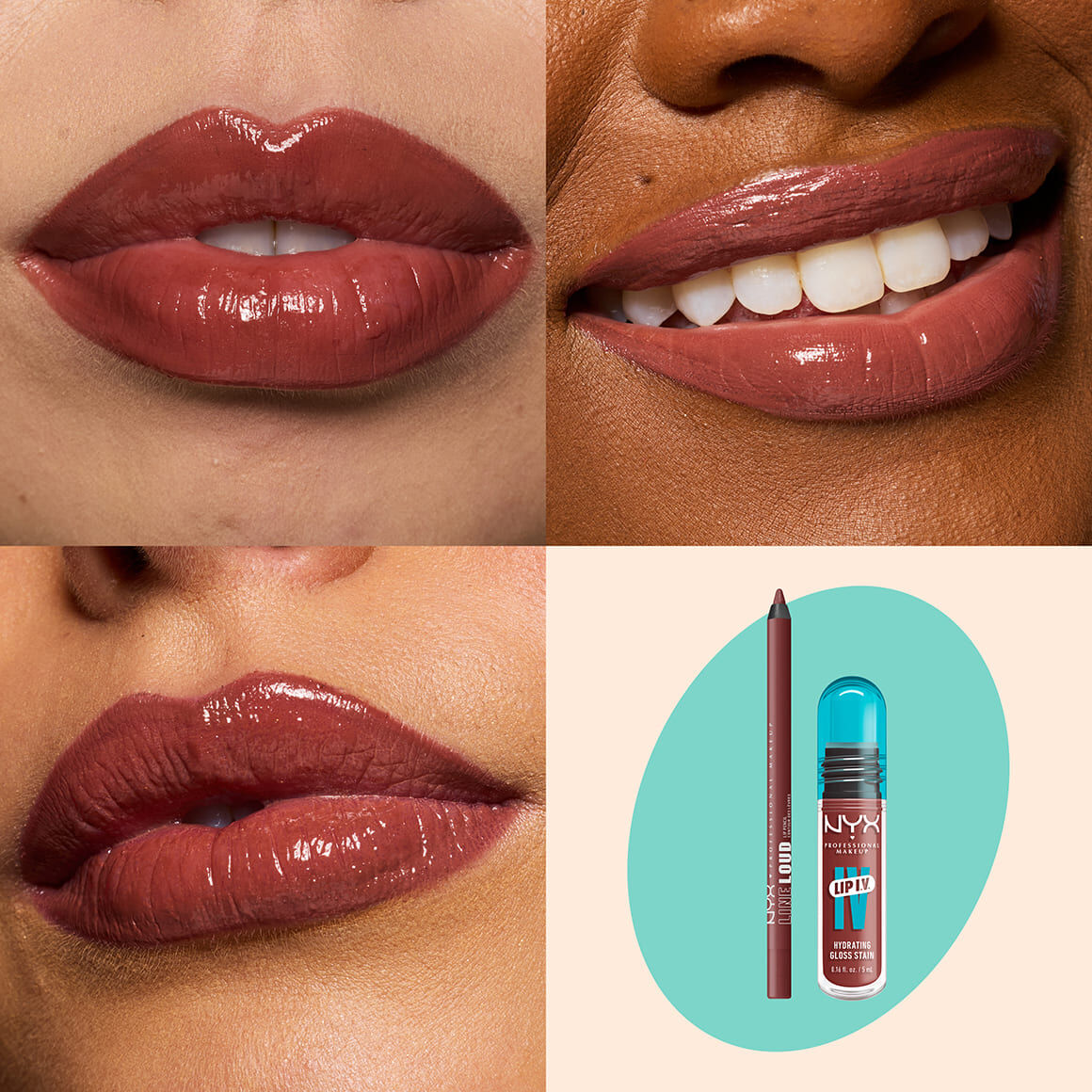 NYX Professional Makeup Line Loud Lip Liner in 32 Sa$$y and Lip IV Hydrating Gloss Stain in 02 Hydra Honey shown on three glossy lip swatches with product packshot