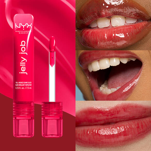 Packshot & 3 models with varying skin tones wearing Jelly Job Jelly Lip Gloss in shade 'Cherry Jelly', a red color