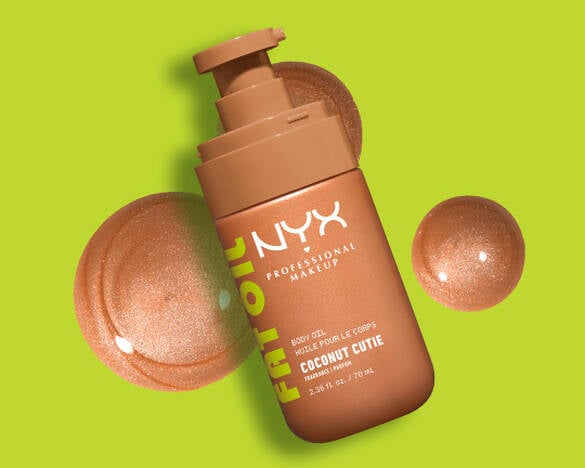 Product shot of Coconut Cutie Fat Oil Body Oil against lime green background as step 2 of routine.