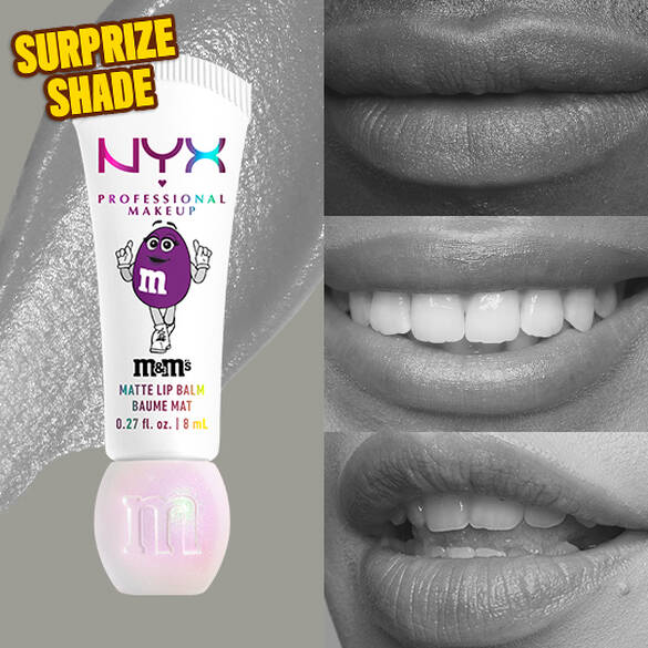 NYX Professional Makeup M&M’S Smushy Surprize Matte Lip Balm in Surprise shade, shown with black and white effect on lips of various skin tones.