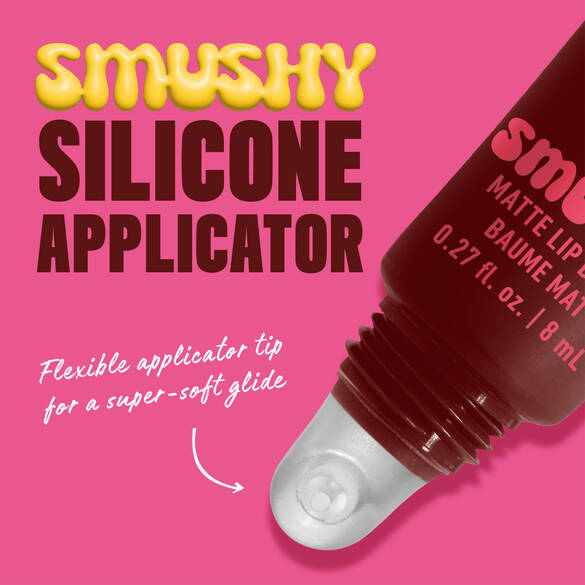 Closeup of Smushy Matte Lip Balm silicone applicator with text flexible applicator tip for a super-soft glide