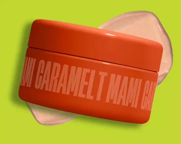 Product shot of Fat Oil Body Butter in Caramelt Mami with swatch against lime green background as step 1 of body care routine.