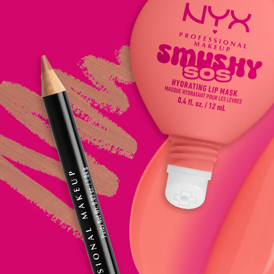 NYX Professional Makeup Slim Lip Pencil in Peekaboo Neutral paired with Smushy SOS tinted lip treatment in Peachy Pamper, with swatches