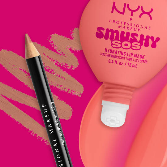 NYX Professional Makeup Slim Lip Pencil in Peekaboo Neutral paired with Smushy SOS tinted lip treatment in Peachy Pamper, with swatches