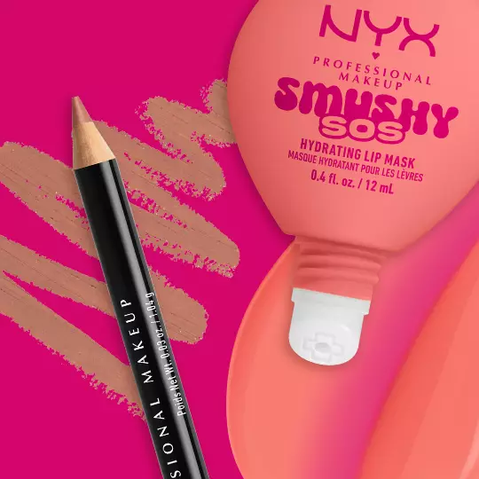 NYX Professional Makeup Slim Lip Pencil in Peekaboo Neutral paired with Smushy SOS tinted lip mask in Peachy Pamper, with swatches