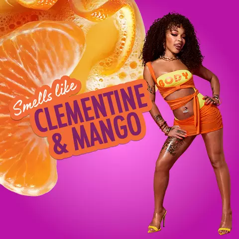 Glossy clementine and mango slices with bold Juicy Boost text on an orange and pink background.