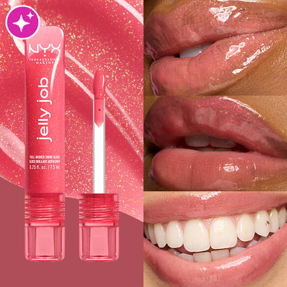 Packshot & 3 models with varying skin tones wearing Jelly Job Jelly Lip Gloss in shade 'Jelly Kiss'd', a pink shimmer color