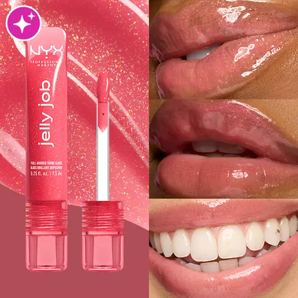 Packshot & 3 models with varying skin tones wearing Jelly Job Jelly Lip Gloss in shade 'Jelly Kiss'd', a pink shimmer color