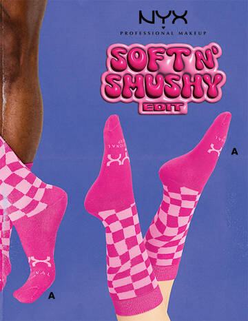 A promotional image for NYX Professional Makeup's "Soft N' Shushy Edit," showing pink checkered socks on different skin tones against a blue background.