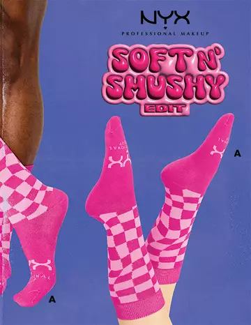 A promotional image for NYX Professional Makeup's "Soft N' Shushy Edit," showing pink checkered socks on different skin tones against a blue background.