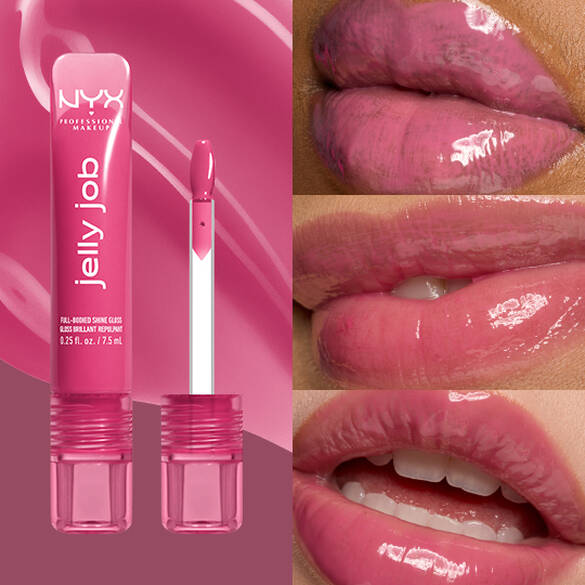 Packshot & 3 models with varying skin tones wearing Jelly Job Jelly Lip Gloss in shade 'Jelly Jammin'', a cool pink color