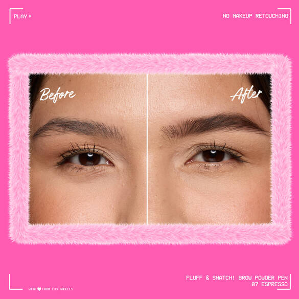 Before and after close-up of a model in NYX Professional Makeup Fluff & Snatch! Brow Power Pen in 07 Espresso.