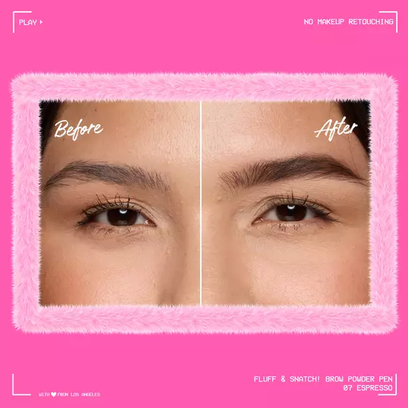 Before and after close-up of a model in NYX Professional Makeup Fluff & Snatch! Brow Power Pen in 07 Espresso.
