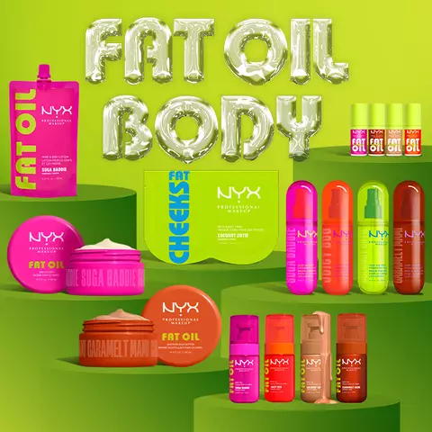 NYX Professional Makeup Fat Oil Body collection displayed on green podiums, featuring body butter jars, body oils, mists and cheek products in bright pink, orange and nude packaging.