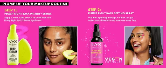 Step-by-step how to apply Plump Right Back Primer + Serum first and then Setting Spray after makeup