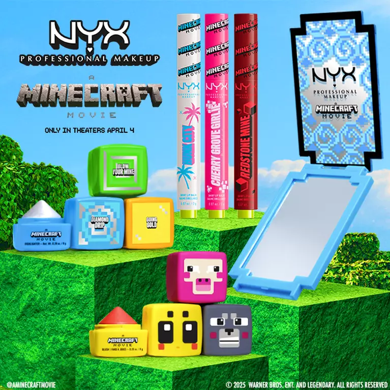 A MINECRAFT MOVIE bundle with makeup products resting on green blocks with blue sky background