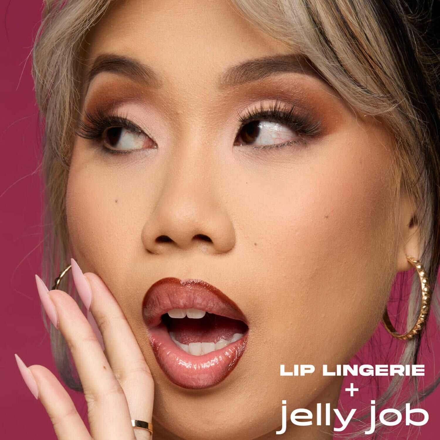 Beauty Visual of a model showing wearing Lip Lingerie Lip Liner Stain in shade 08 After Hours and Jelly Job 05 Honey, Its Jelly.