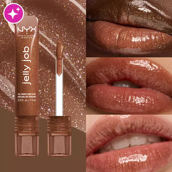 Packshot & 3 models with varying skin tones wearing Jelly Job Jelly Lip Gloss in 'Bling Me Jelly', a bronze shimmer color
