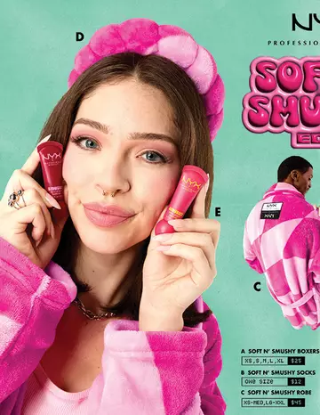 NYX Soft N' Smushy collection featuring pink robes, socks, and boxers with product details and prices.