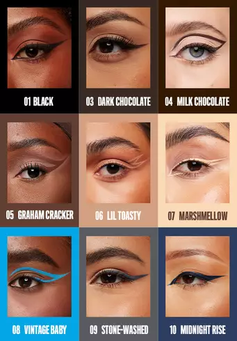 A nine-panel grid showcasing various eye makeup looks created with different shades of the NYX Professional Makeup Epic Ink Liner. The looks, on a range of skin tones, feature both classic winged liner and creative graphic designs. Shades shown include: 01 Black, 03 Dark Chocolate, 04 Milk Chocolate, 05 Graham Cracker, 06 Lil Toasty, 07 Marshmellow, 08 Vintage Baby, 09 Stone-Washed, and 10 Midnight Rise.